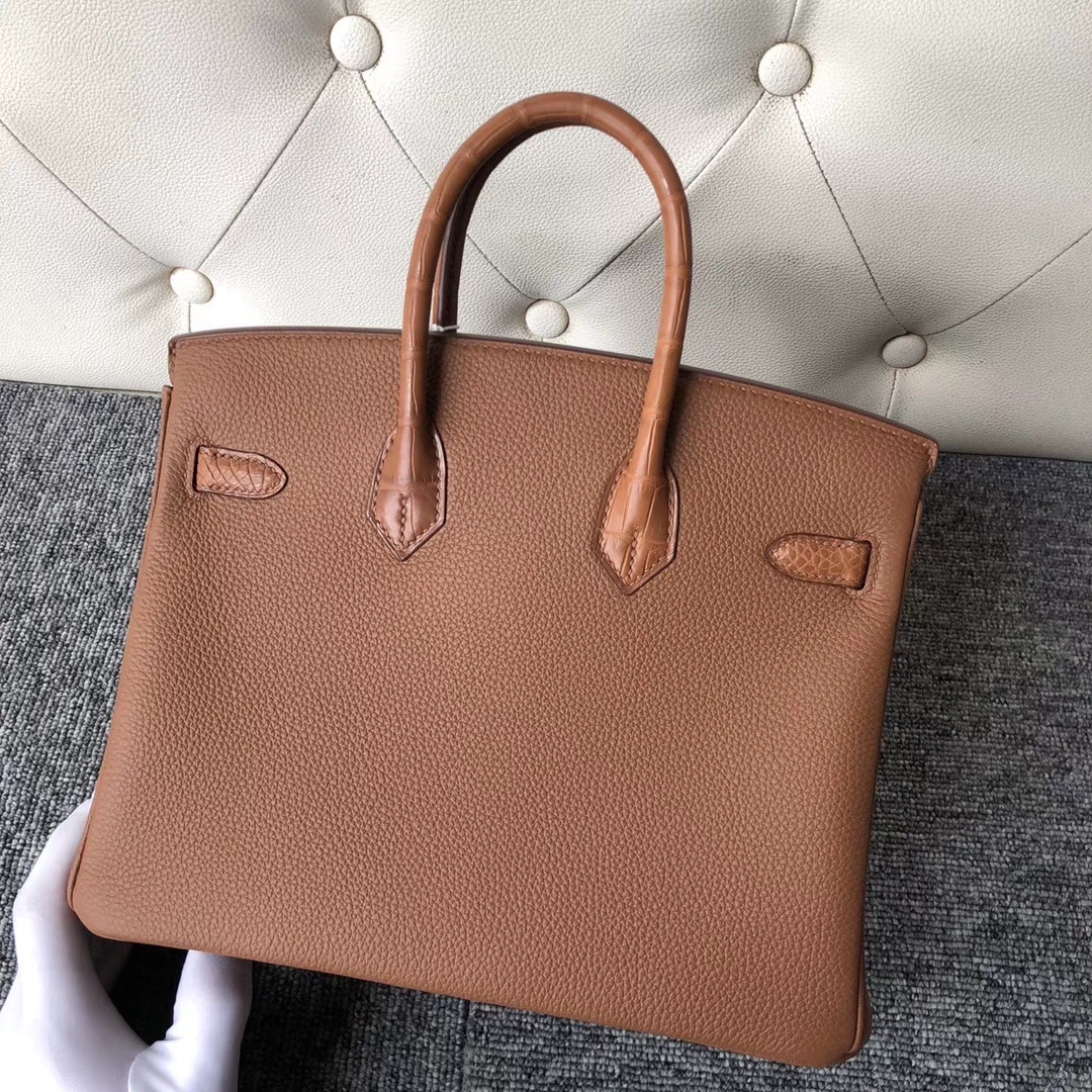 Hermès（爱马仕）Touch 系列 Birkin 25cm 金棕色 拼雾面棕色鳄鱼 银扣 顶级手缝  现货