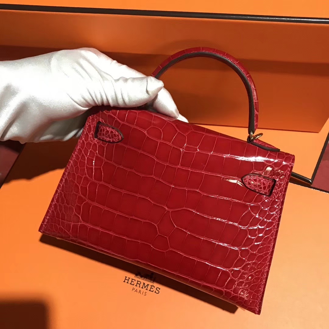 Hermès（爱马仕）Mini kelly ll Alligator shiny 亮面鳄鱼 ck 95 法拉利红 Braose 金扣 现货