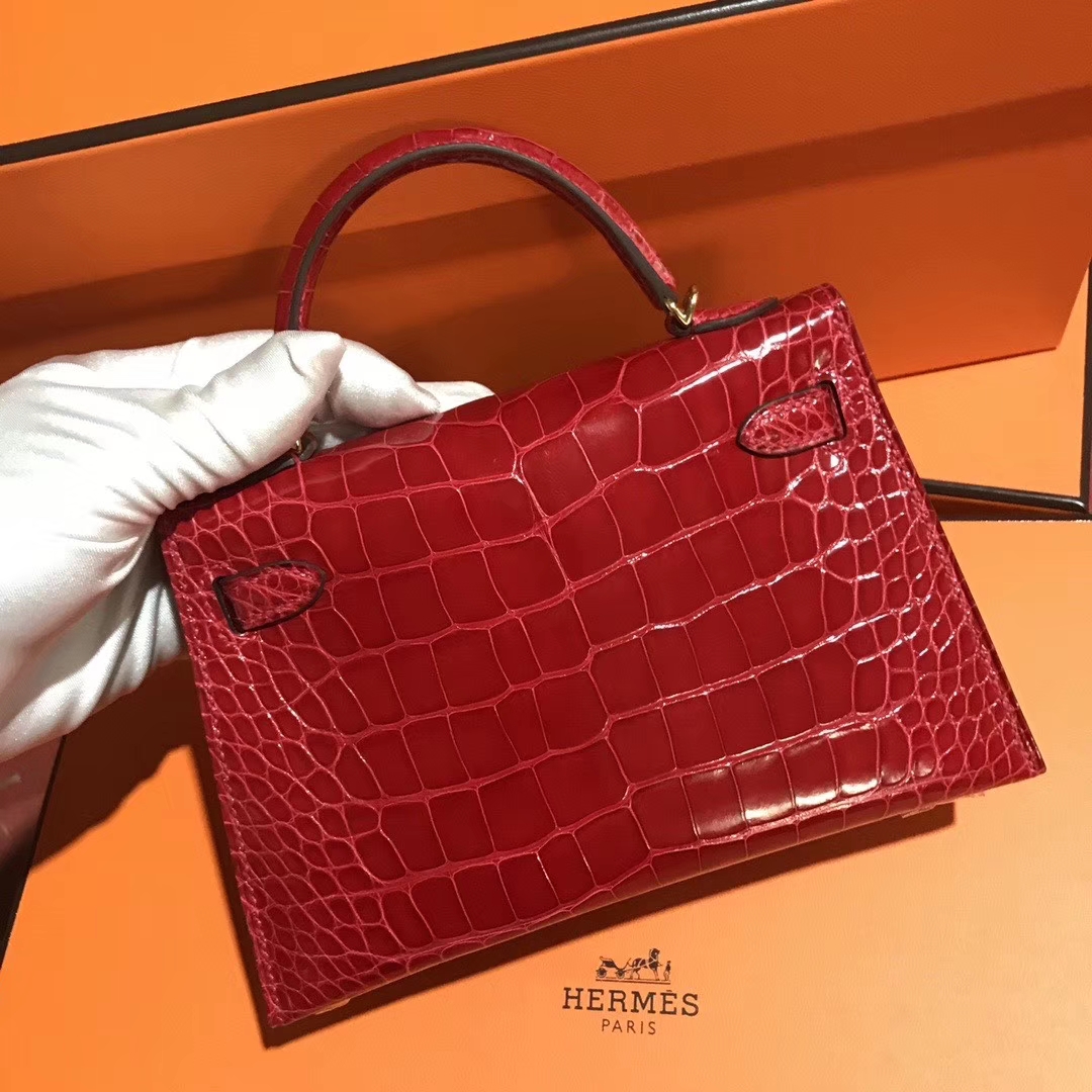 Hermès（爱马仕）Mini kelly ll Alligator shiny 亮面鳄鱼 ck 95 法拉利红 Braose 金扣 现货