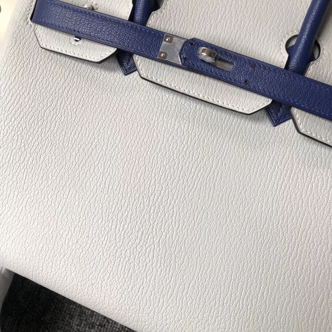 Hermès（爱马仕）Birkin 30cm 山羊皮  珍珠灰拼宝石蓝 银扣 马蹄印 定制