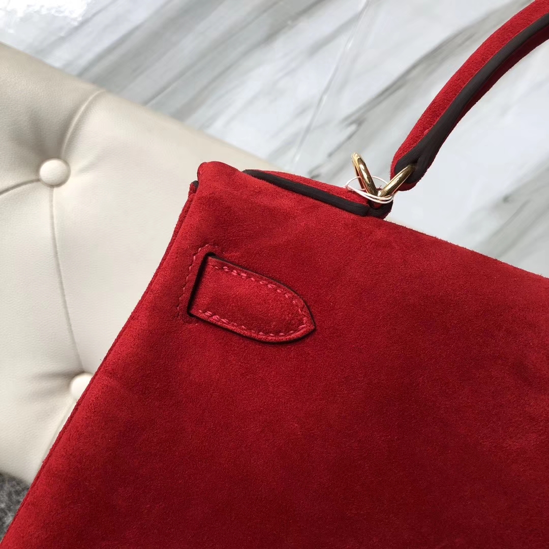 Hermès（爱马仕）kelly 28cm 麂皮 Q5 国旗红 rouge casaque 金扣 顶级手缝