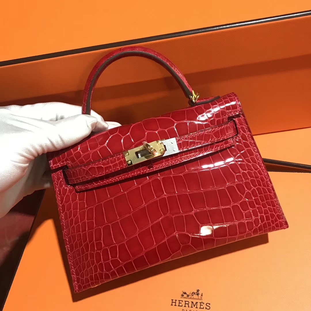 Hermès（爱马仕）Mini kelly ll Alligator shiny 亮面鳄鱼 ck 95 法拉利红 Braose 金扣 现货