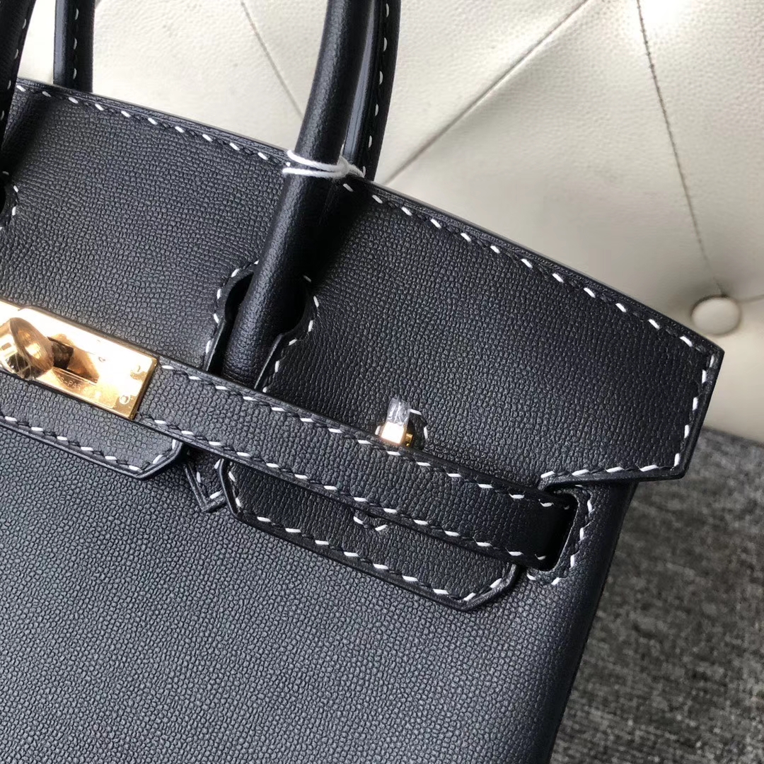 Hermès（爱马仕）Birkin 25cm GM皮 miss u 系列  ck89 黑色 金扣 黑白线 顶级手缝