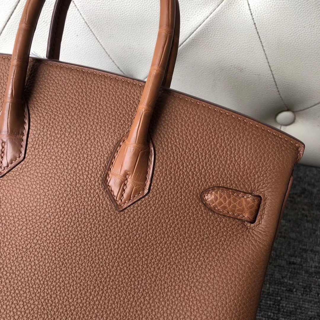 Hermès（爱马仕）Touch 系列 Birkin 25cm 金棕色 拼雾面棕色鳄鱼 银扣 顶级手缝  现货