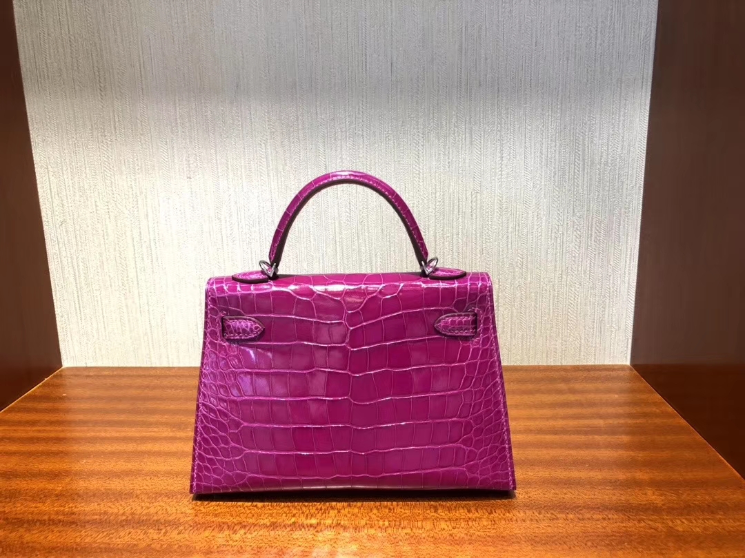 Hermès（爱马仕）Mini kelly 2 Alligator shiny 亮面鳄鱼 J5 天方夜谭粉紫  银扣 顶级手缝 现货