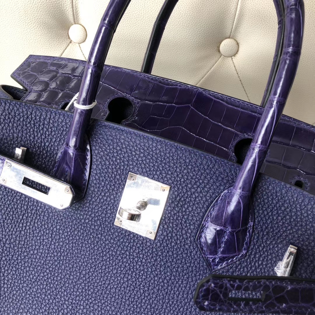 Hermès(爱马仕)Touch 系列 Birkin 30cm 墨水蓝拼鳄鱼 银扣 顶级手缝 定制-拉尔森鳄鱼皮具定制 - 爱马仕包包官网 Hermès(爱马仕)Touch 系列 Birkin 30cm 墨水蓝拼鳄鱼 银扣 顶级手缝 定制