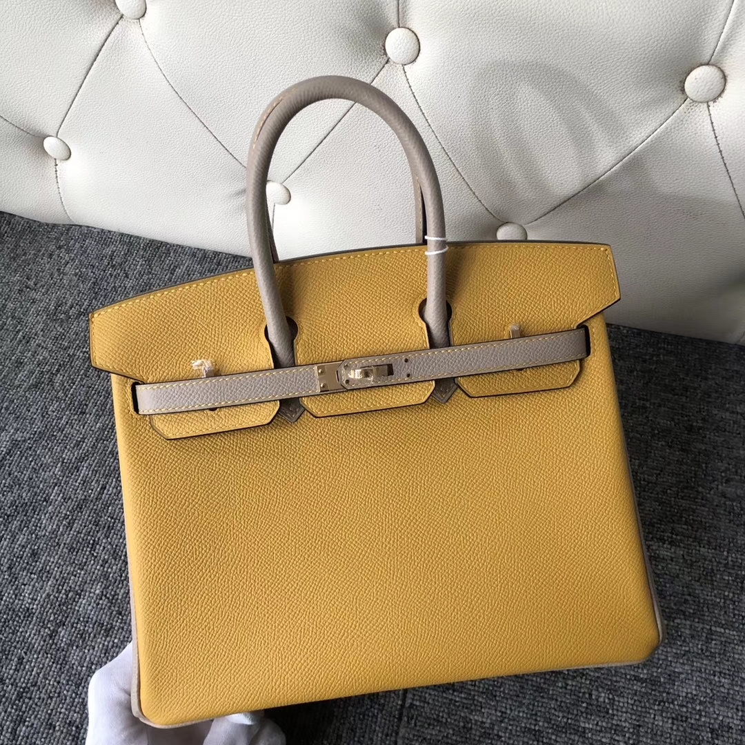 Hermès（爱马仕）Birkin 25cm Epsom 原厂掌纹皮 9Ｄ 琥珀黄 拼 M8 沥青灰Gris ashpite 金扣 马蹄印