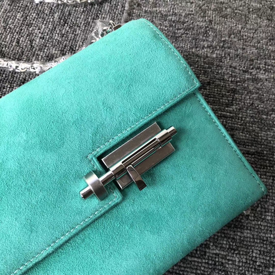 Hermès（爱马仕）Verrou17cm 麂皮 7v 湖水绿 银扣 定制