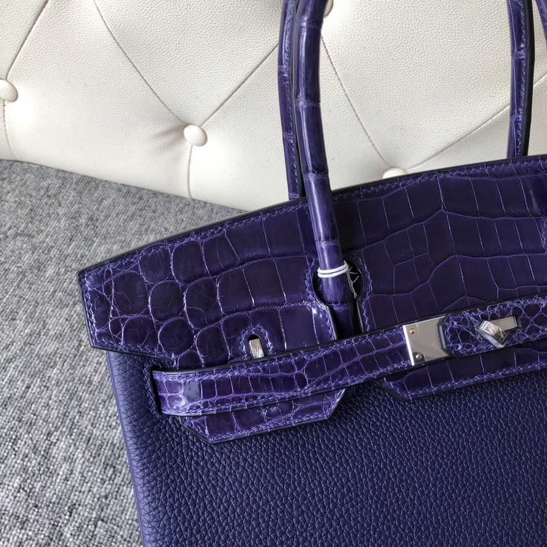 Hermès（爱马仕）Touch 系列 Birkin 30cm 墨水蓝拼鳄鱼 银扣 顶级手缝 定制