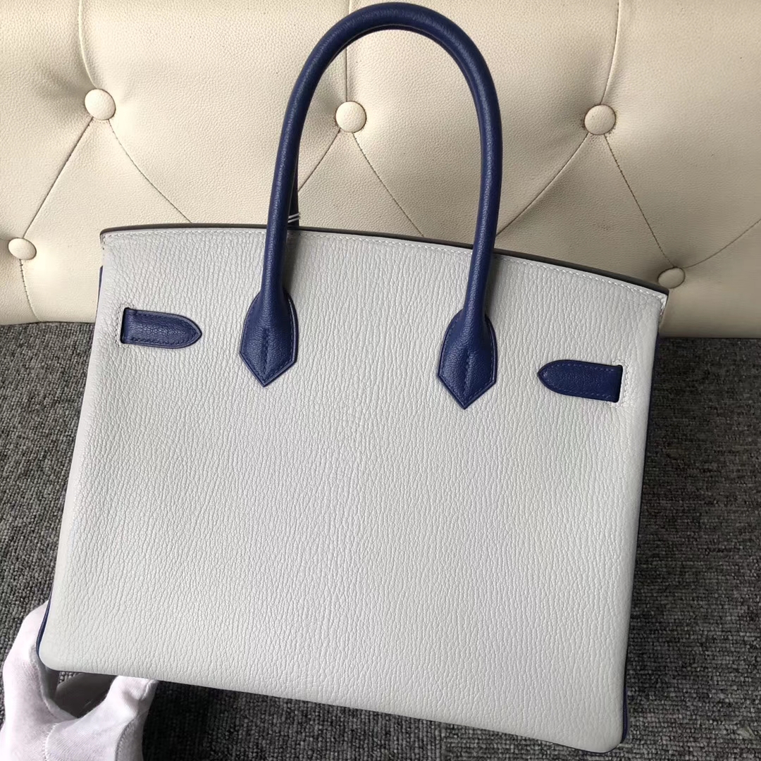 Hermès（爱马仕）Birkin 30cm 山羊皮  珍珠灰拼宝石蓝 银扣 马蹄印 定制