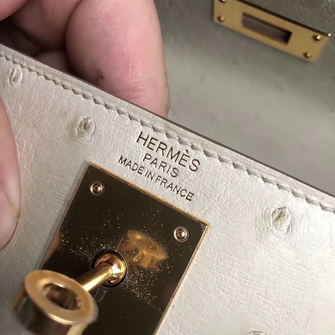 Hermès（爱马仕）Kelly 28cm Ostrich kk鸵鸟 3C 羊毛白 金扣 顶级手缝