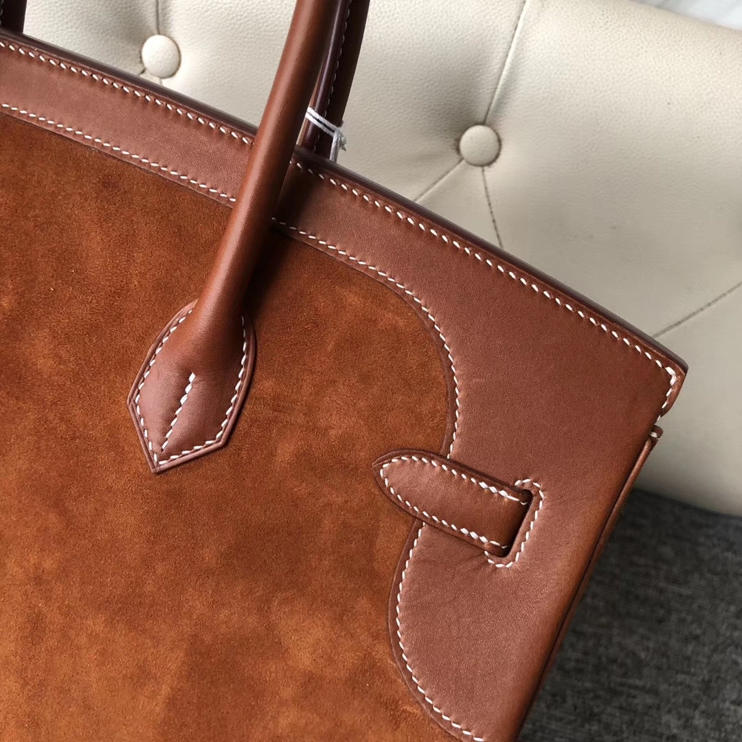 Hermès（爱马仕）Birkin 35cm 麂皮金棕色拼 马鞍皮金棕色  金扣 顶级手缝 定制