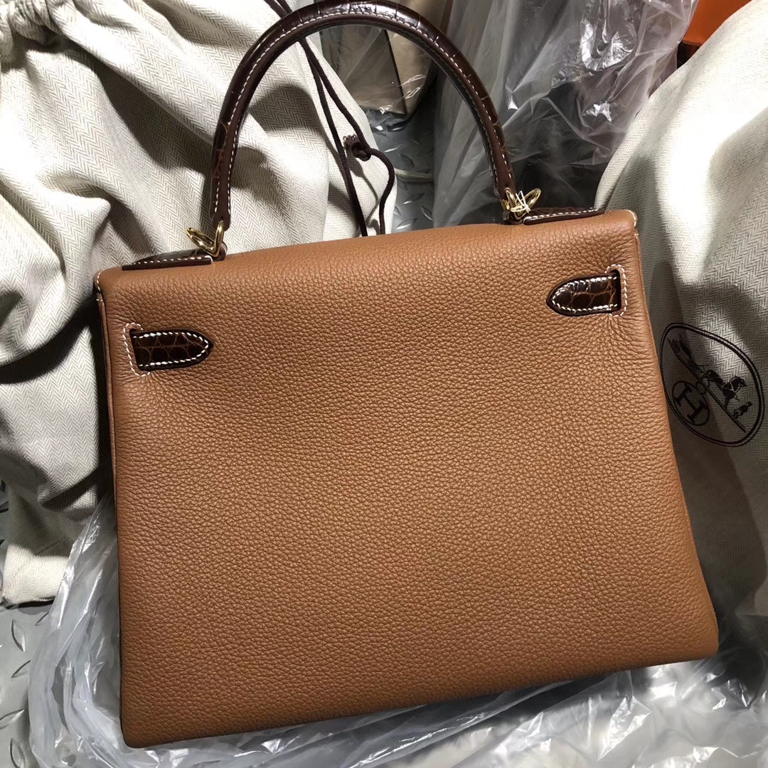 Hermès（爱马仕）Kelly 28cm 原厂小牛皮 ck37 金棕 Gold 蜜糖棕鳄鱼 银扣 顶级手缝 定制