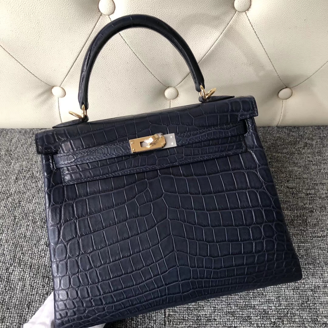 Hermès（爱马仕）Kelly 25cm Crocodile matt 雾面鳄鱼 深海蓝 Blue indgo 金扣 定制