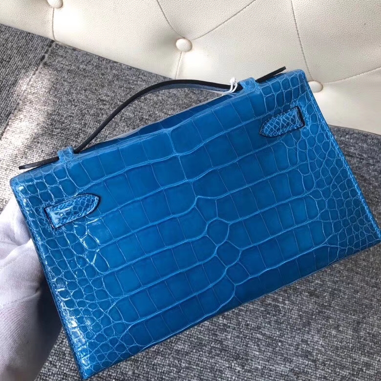 Hermès（爱马仕）Mini kelly pochette 22cm 亮面鳄鱼 7Ｑ爱琴海蓝  金扣 手拿包 晚宴包 顶级手缝