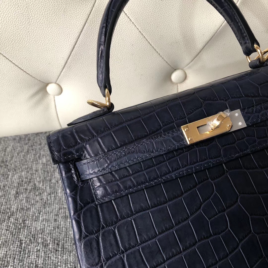 Hermès（爱马仕）Kelly 25cm Crocodile matt 雾面鳄鱼 深海蓝 Blue indgo 金扣 定制