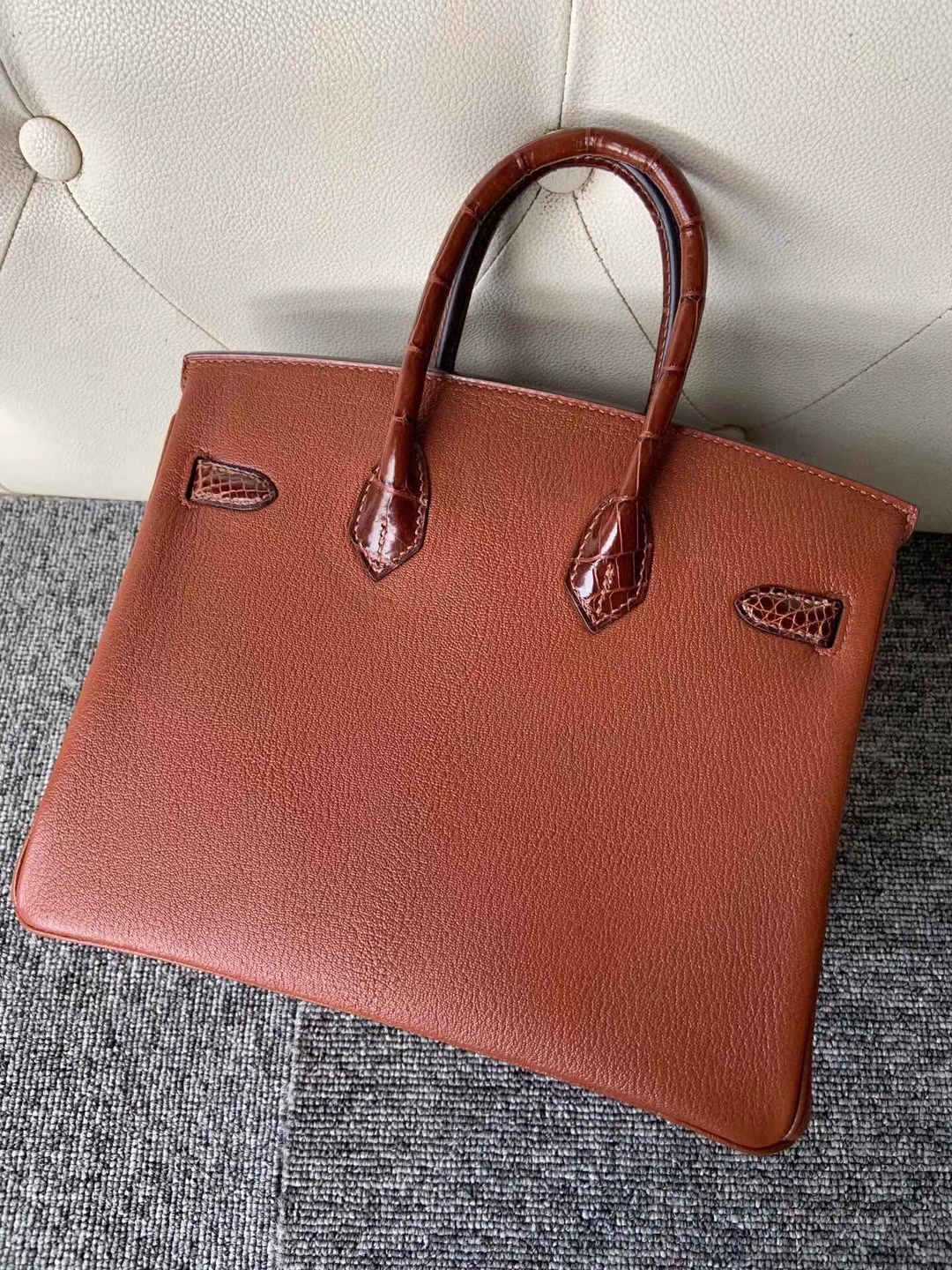 Hermès（爱马仕）Touch 系列 Birkin 25cm 山羊皮 ck31 蜜糖棕 拼鳄鱼蜜糖棕 银扣