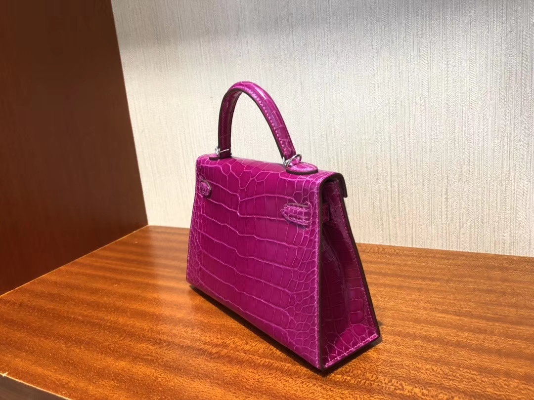 Hermès（爱马仕）Mini kelly 2 Alligator shiny 亮面鳄鱼 J5 天方夜谭粉紫  银扣 顶级手缝 现货