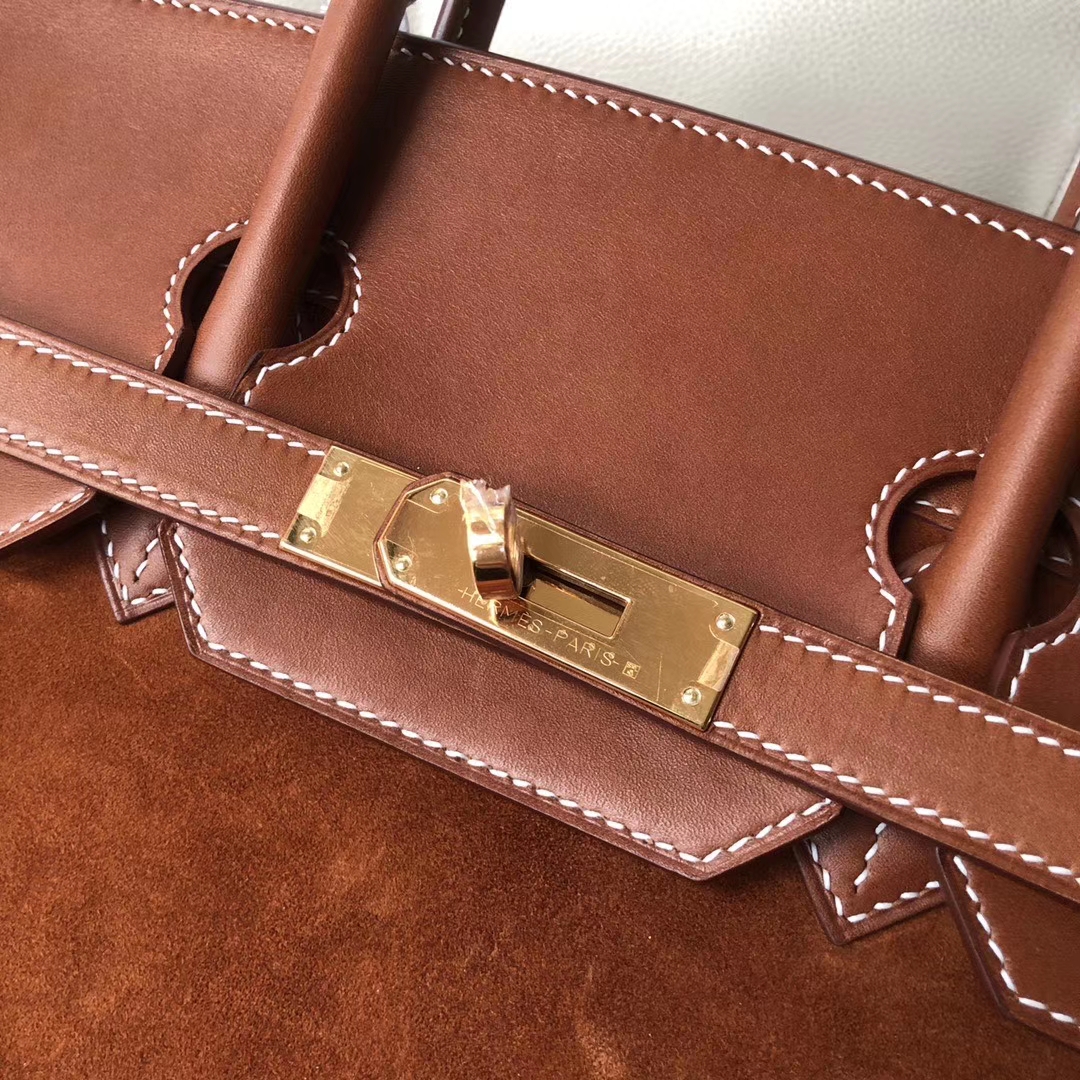 Hermès（爱马仕）Birkin 35cm 麂皮金棕色拼 马鞍皮金棕色  金扣 顶级手缝 定制