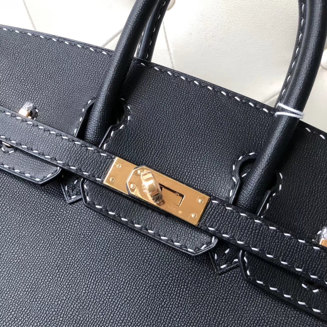 Hermès（爱马仕）Birkin 25cm GM皮 miss u 系列  ck89 黑色 金扣 黑白线 顶级手缝