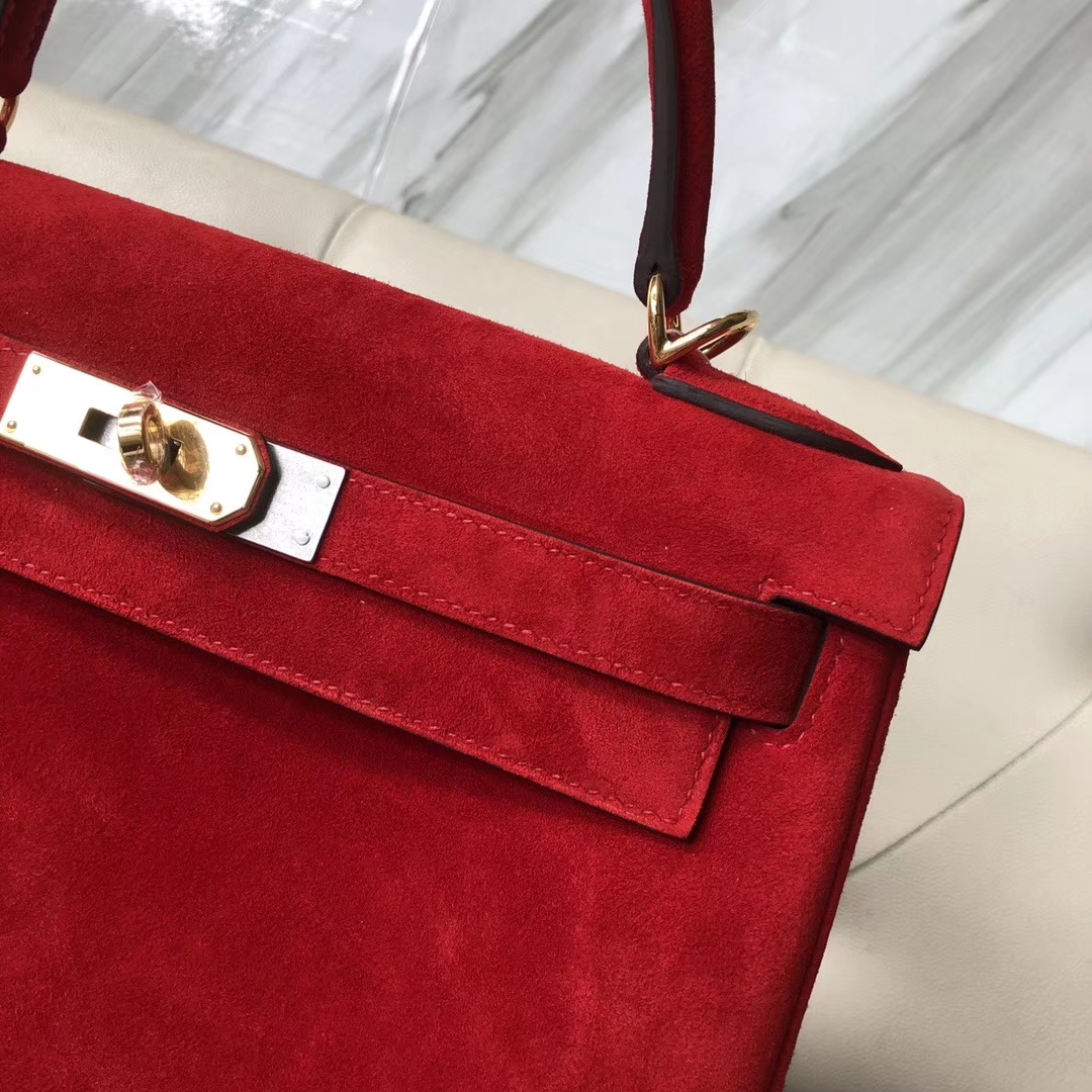 Hermès（爱马仕）kelly 28cm 麂皮 Q5 国旗红 rouge casaque 金扣 顶级手缝