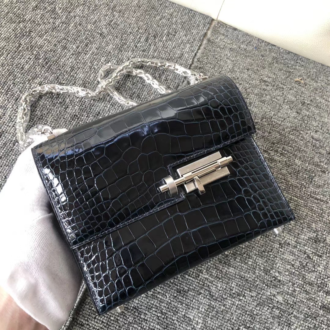 Hermès（爱马仕）Verrou 17cm Alligator shiny 亮面鳄鱼 1p鸭子蓝  顶级手缝 定制