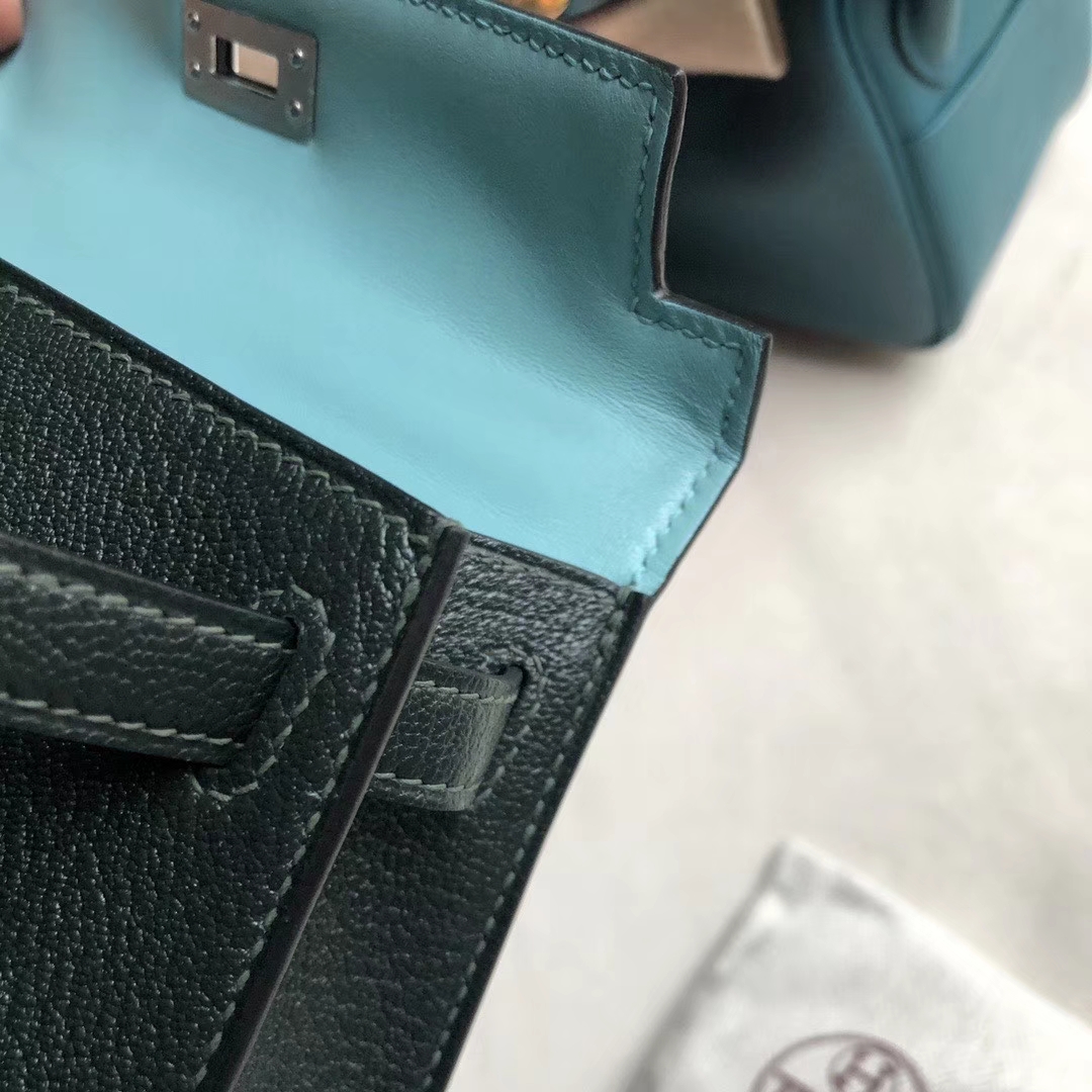 Hermès（爱马仕）Mini Kelly 2 山羊 6o 柏树绿 内拼圣西尔蓝 银扣 定制