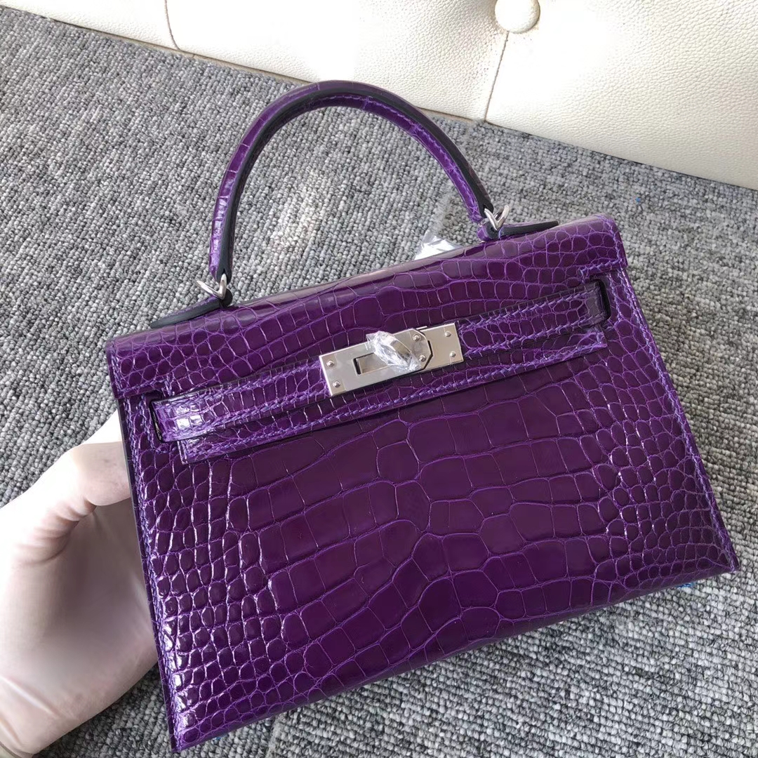 Hermès（爱马仕）Mini kelly ll Alligator shiny 亮面鳄鱼 5L 极度紫 银扣 顶级手缝