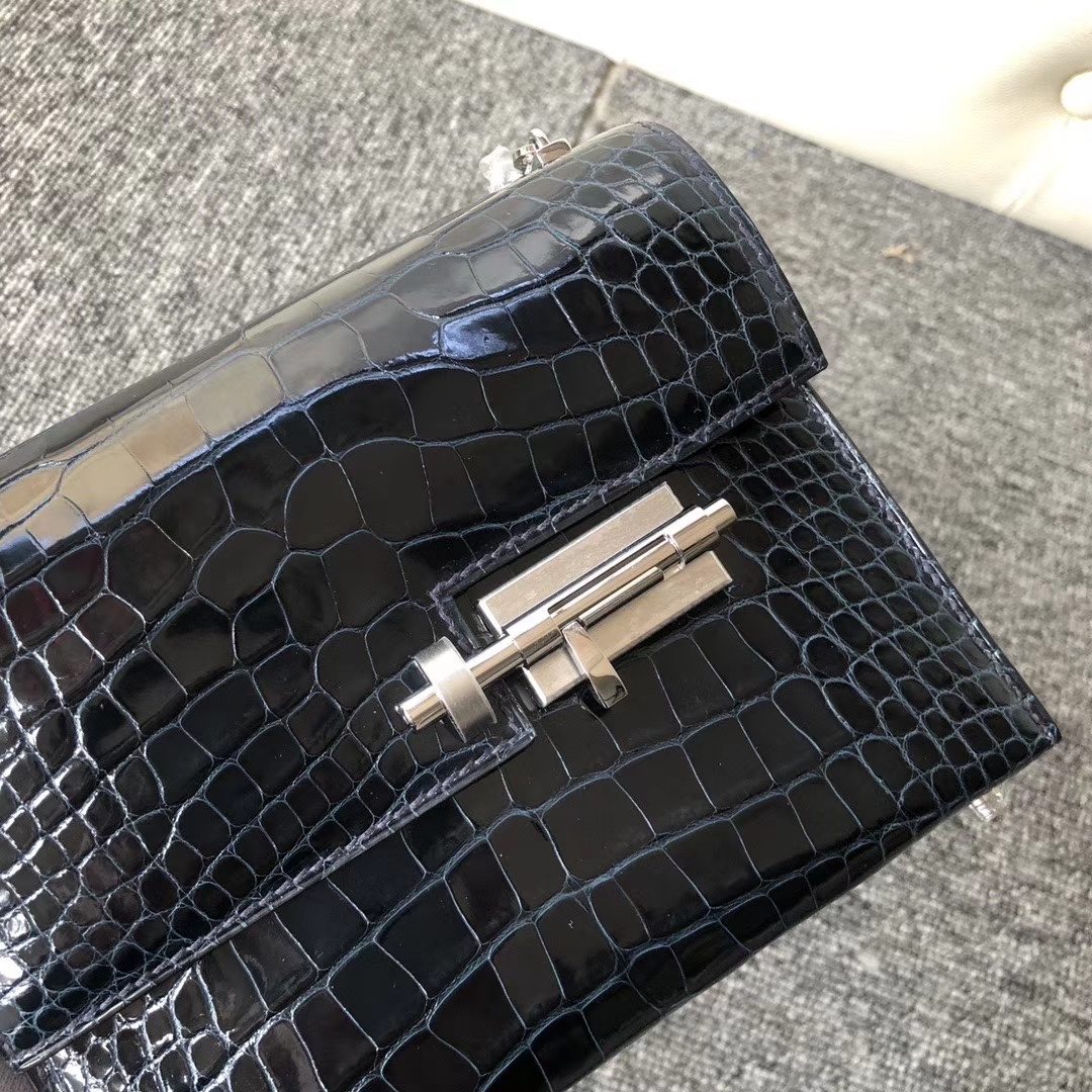 Hermès（爱马仕）Verrou 17cm Alligator shiny 亮面鳄鱼 1p鸭子蓝  顶级手缝 定制