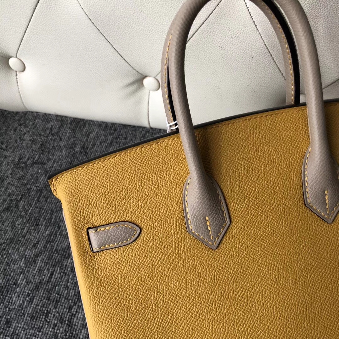 Hermès（爱马仕）Birkin 25cm Epsom 原厂掌纹皮 9Ｄ 琥珀黄 拼 M8 沥青灰Gris ashpite 金扣 马蹄印