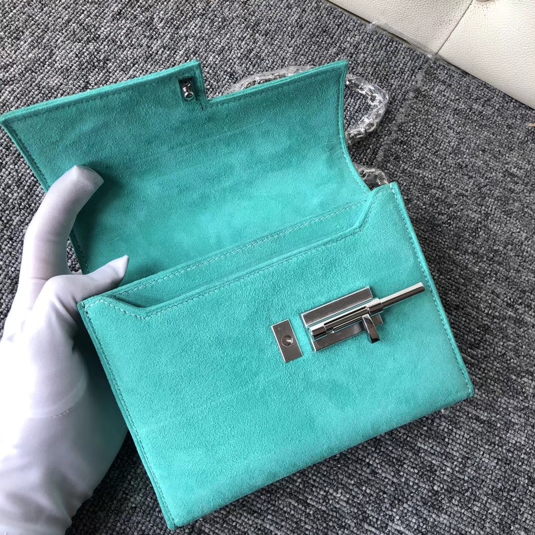 Hermès（爱马仕）Verrou17cm 麂皮 7v 湖水绿 银扣 定制