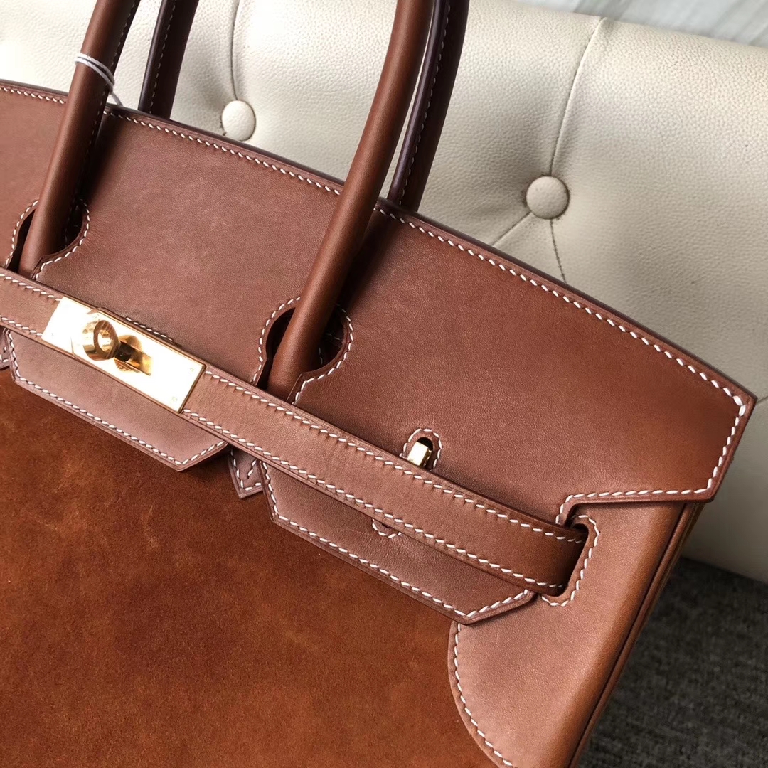 Hermès（爱马仕）Birkin 35cm 麂皮金棕色拼 马鞍皮金棕色  金扣 顶级手缝 定制