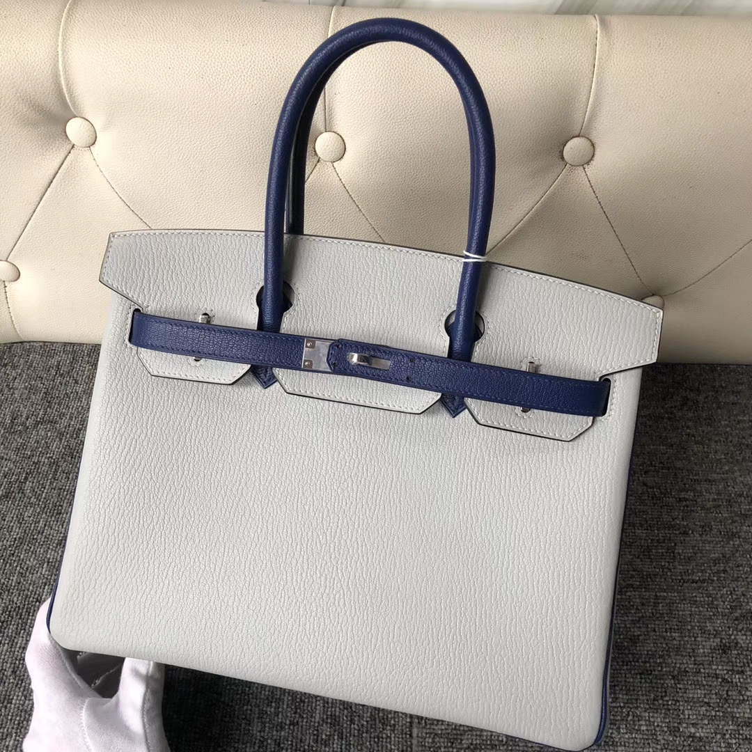 Hermès（爱马仕）Birkin 30cm 山羊皮  珍珠灰拼宝石蓝 银扣 马蹄印 定制