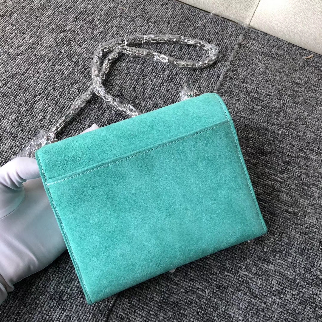 Hermès（爱马仕）Verrou17cm 麂皮 7v 湖水绿 银扣 定制