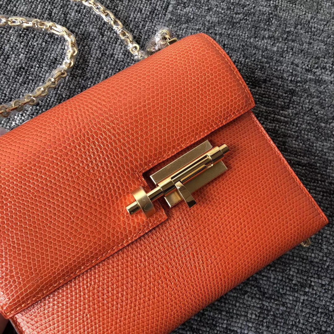 Hermès（爱马仕）Verrou 17cm 蜥蜴 9J 火焰橙 金扣 顶级手缝 定制