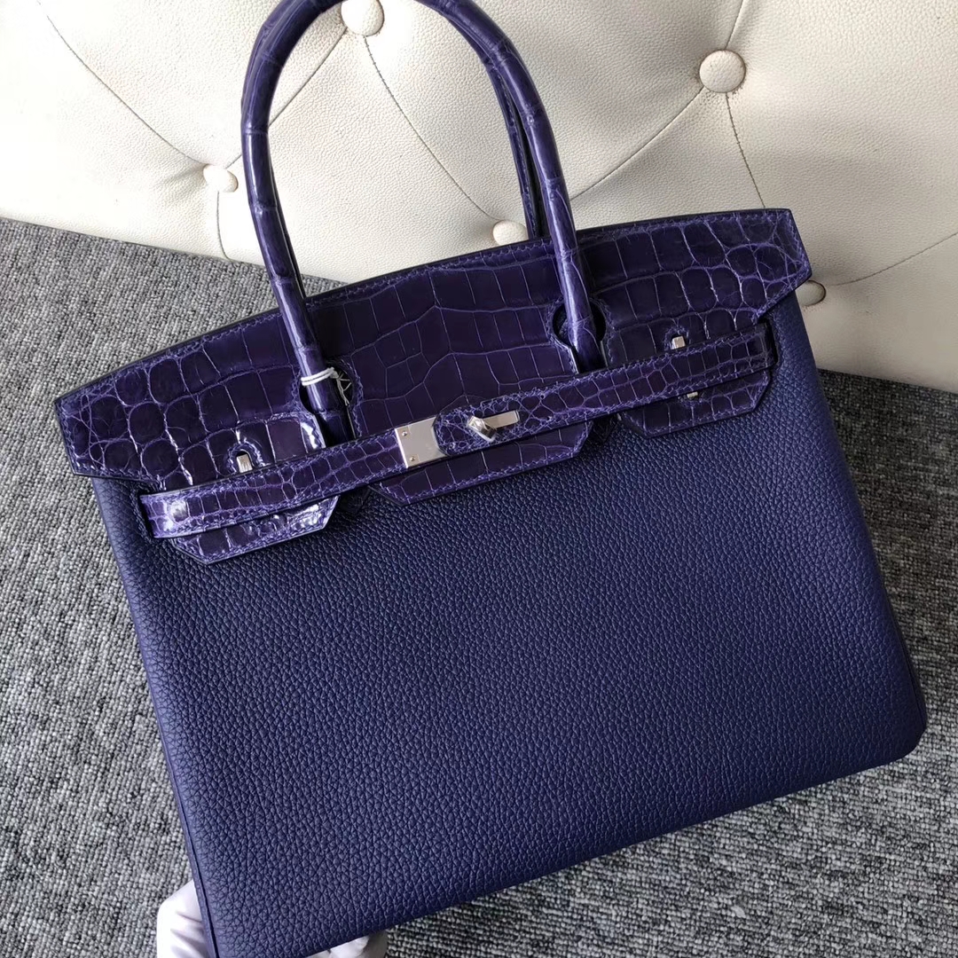 Hermès（爱马仕）Touch 系列 Birkin 30cm 墨水蓝拼鳄鱼 银扣 顶级手缝 定制