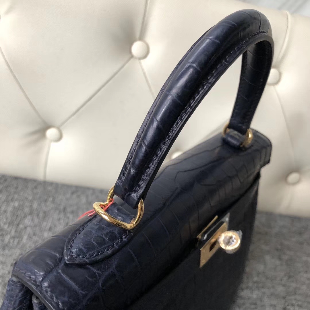Hermès（爱马仕）Kelly 25cm Crocodile matt 雾面鳄鱼 深海蓝 Blue indgo 金扣 定制