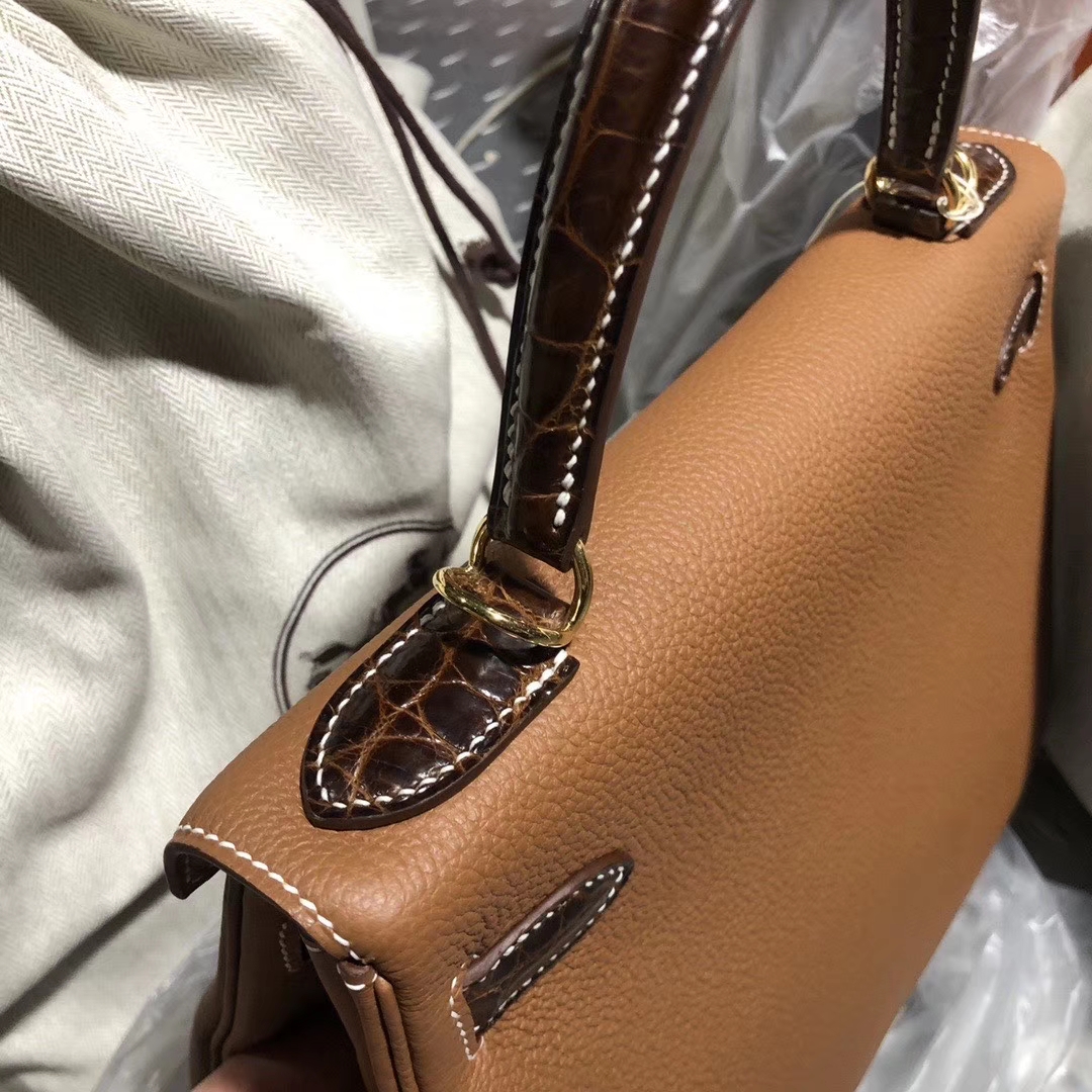 Hermès（爱马仕）Kelly 28cm 原厂小牛皮 ck37 金棕 Gold 蜜糖棕鳄鱼 银扣 顶级手缝 定制