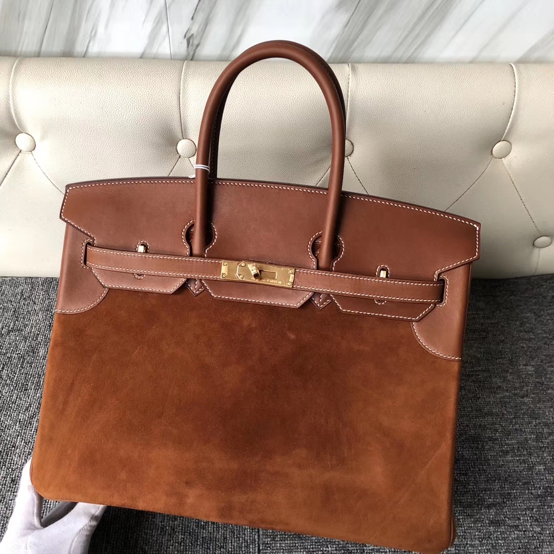 Hermès（爱马仕）Birkin 35cm 麂皮金棕色拼 马鞍皮金棕色  金扣 顶级手缝 定制
