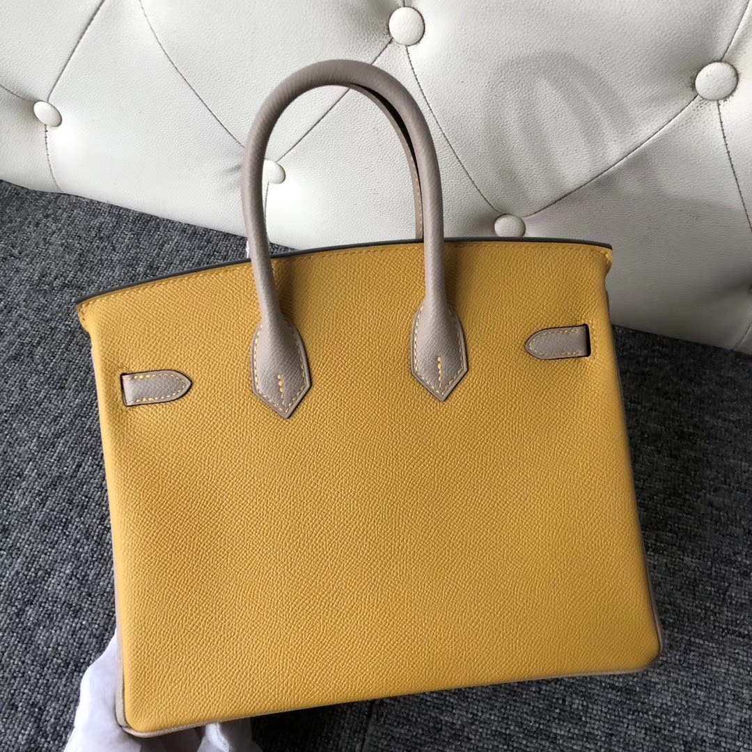 Hermès（爱马仕）Birkin 25cm Epsom 原厂掌纹皮 9Ｄ 琥珀黄 拼 M8 沥青灰Gris ashpite 金扣 马蹄印