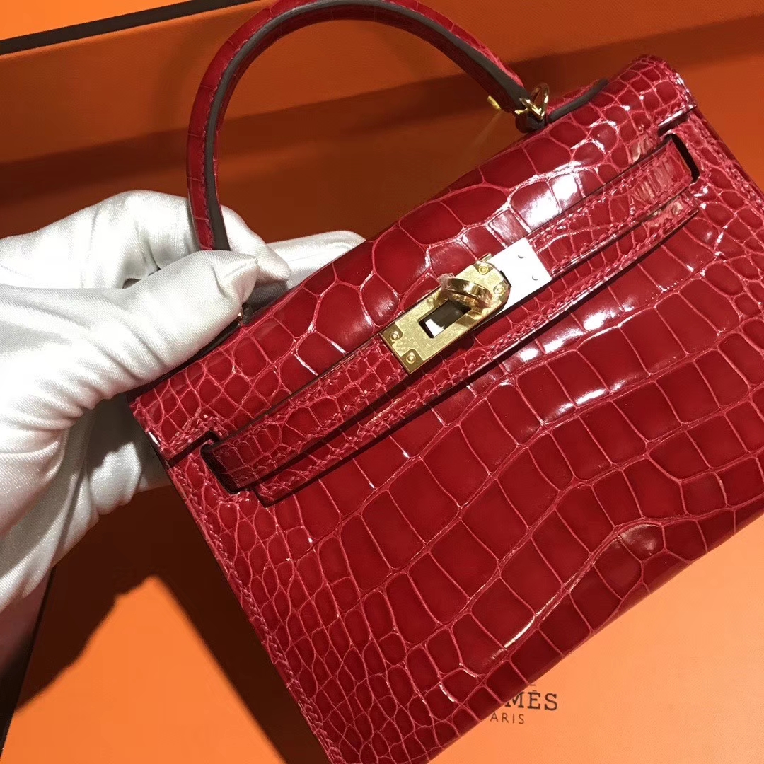 Hermès（爱马仕）Mini kelly ll Alligator shiny 亮面鳄鱼 ck 95 法拉利红 Braose 金扣 现货