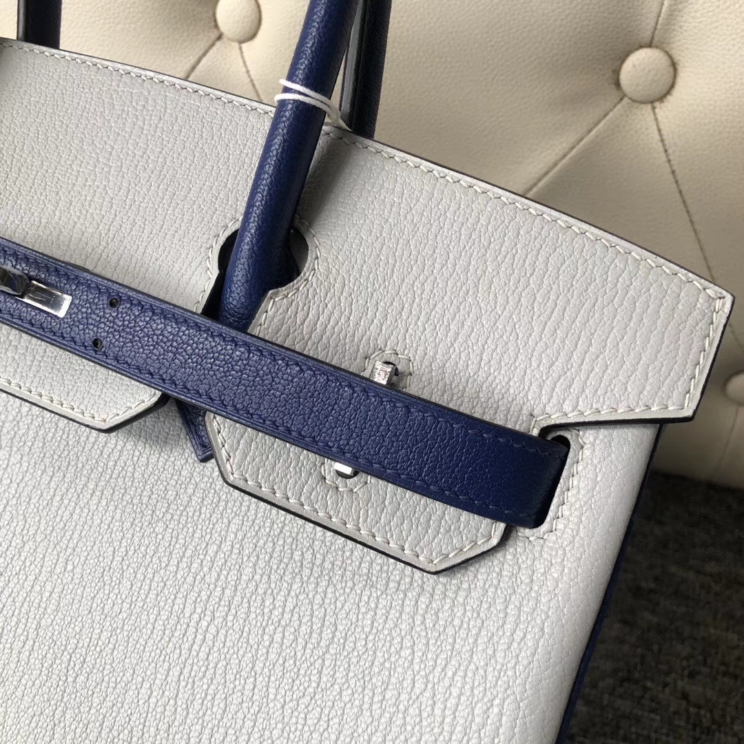 Hermès（爱马仕）Birkin 30cm 山羊皮  珍珠灰拼宝石蓝 银扣 马蹄印 定制