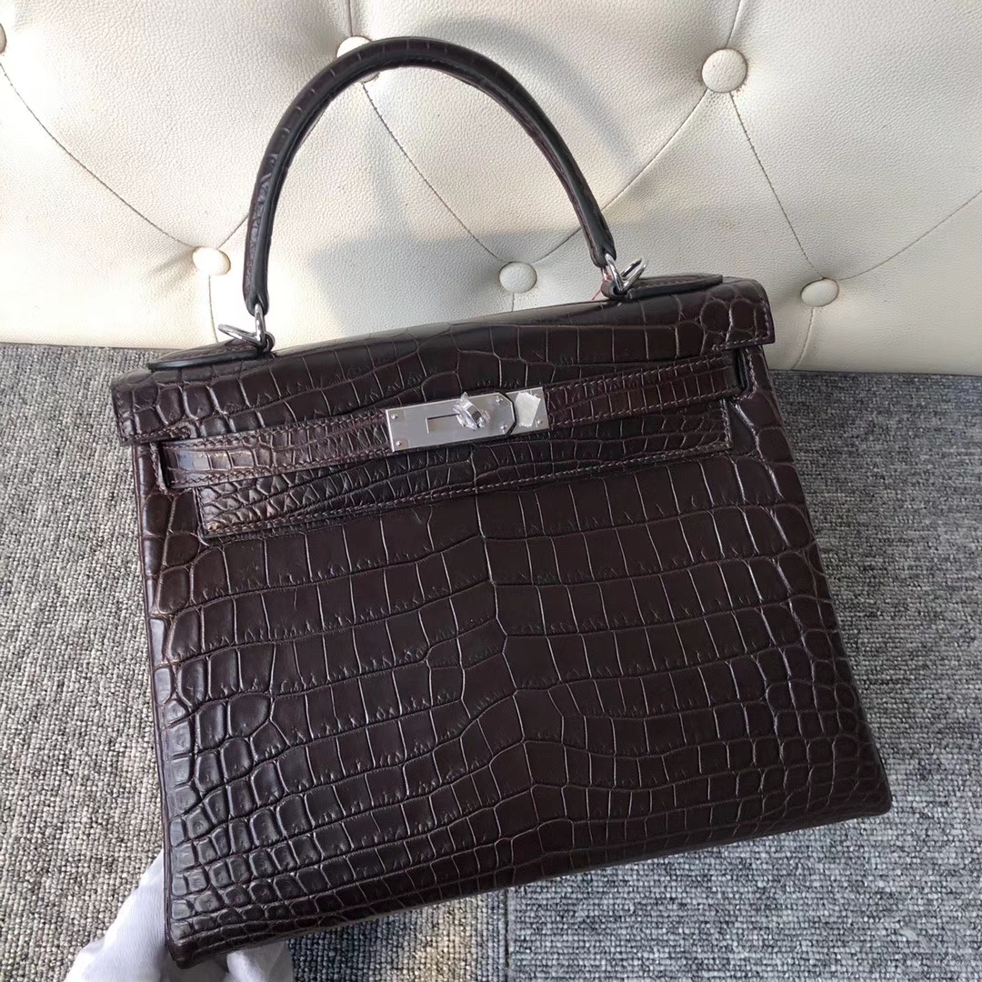 Hermès（爱马仕）Kelly 28cm Crocodile matt 雾面鳄鱼 巧克力色 咖啡色 银扣 顶级手缝
