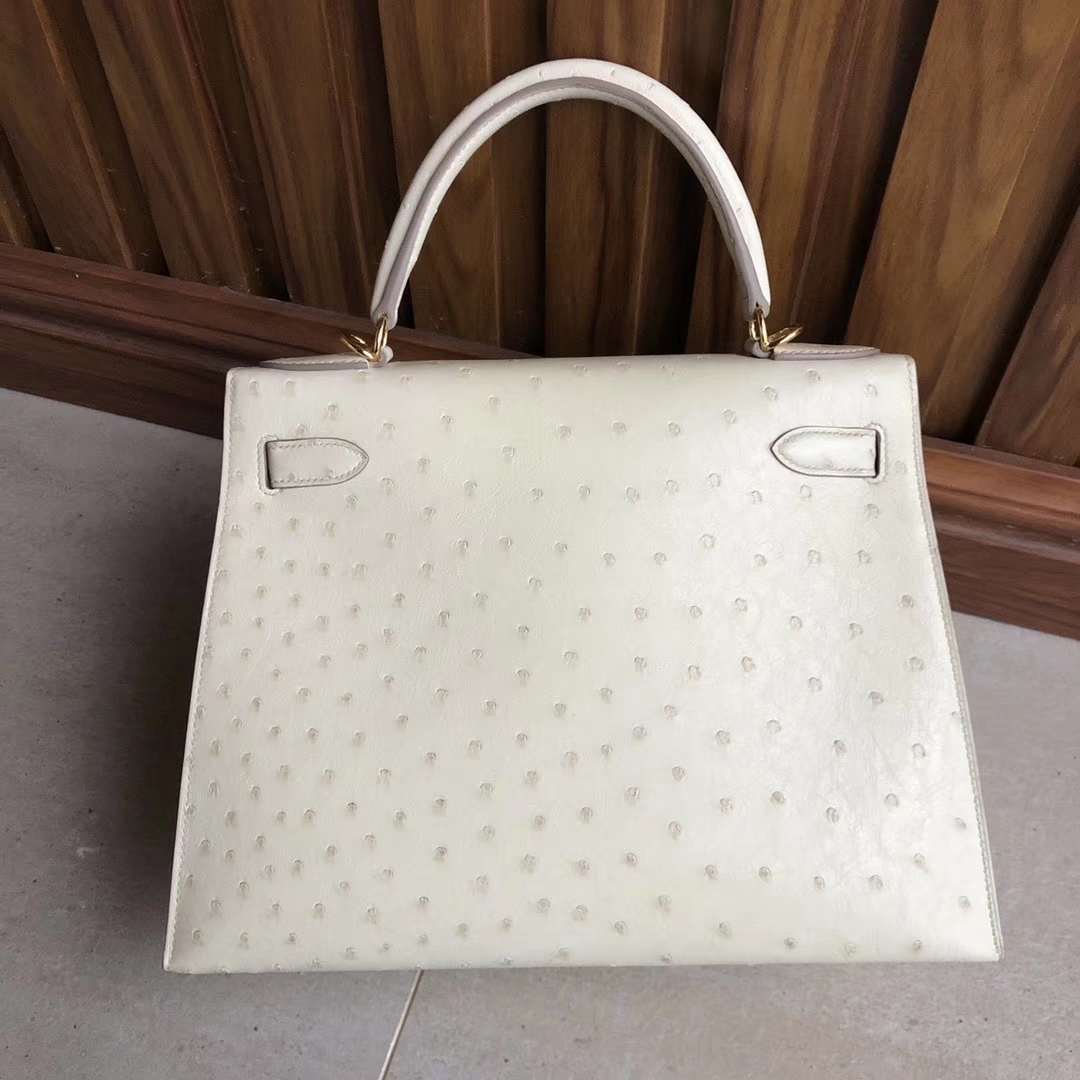 Hermès（爱马仕）Kelly 28cm Ostrich kk鸵鸟 3C 羊毛白 金扣 顶级手缝