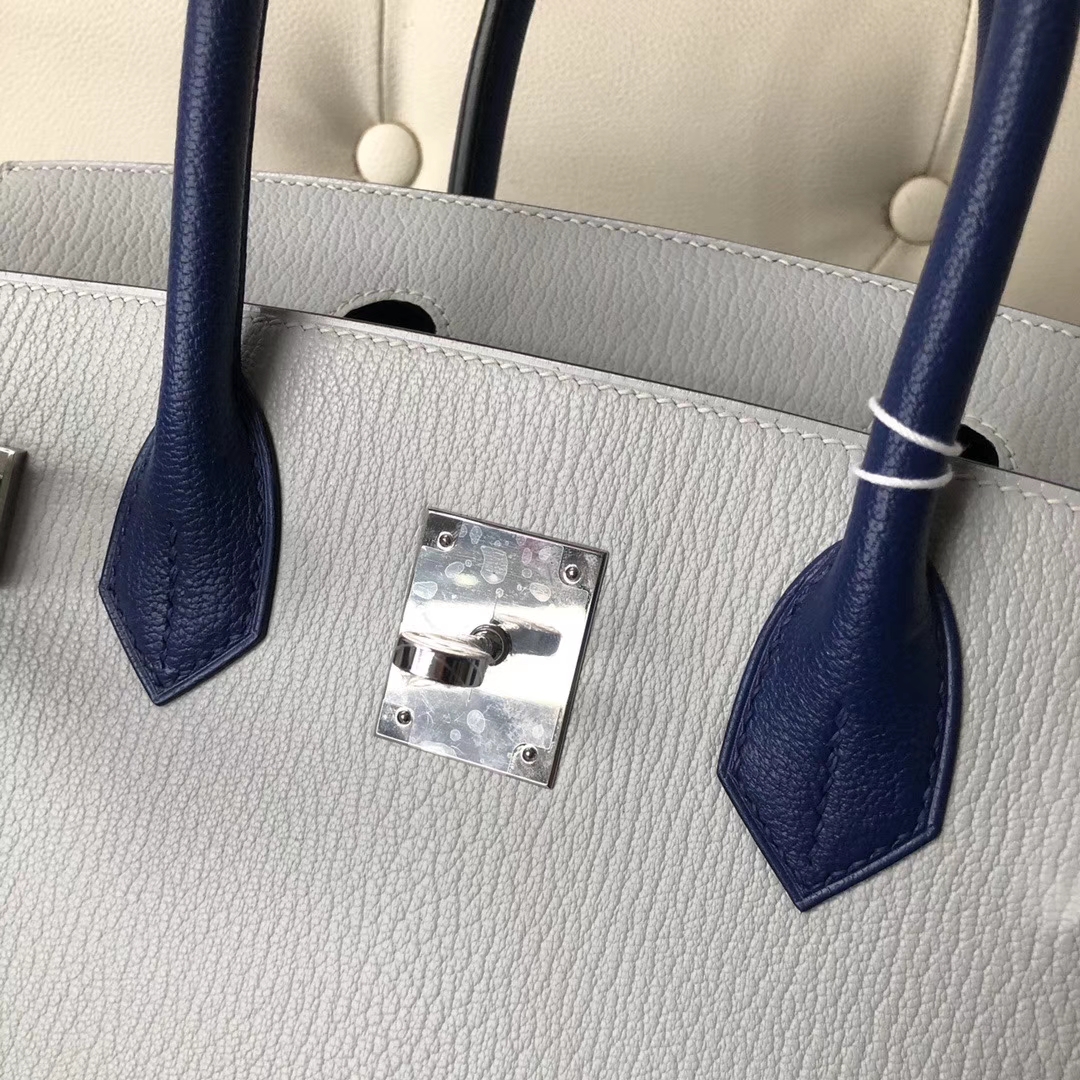 Hermès（爱马仕）Birkin 30cm 山羊皮  珍珠灰拼宝石蓝 银扣 马蹄印 定制