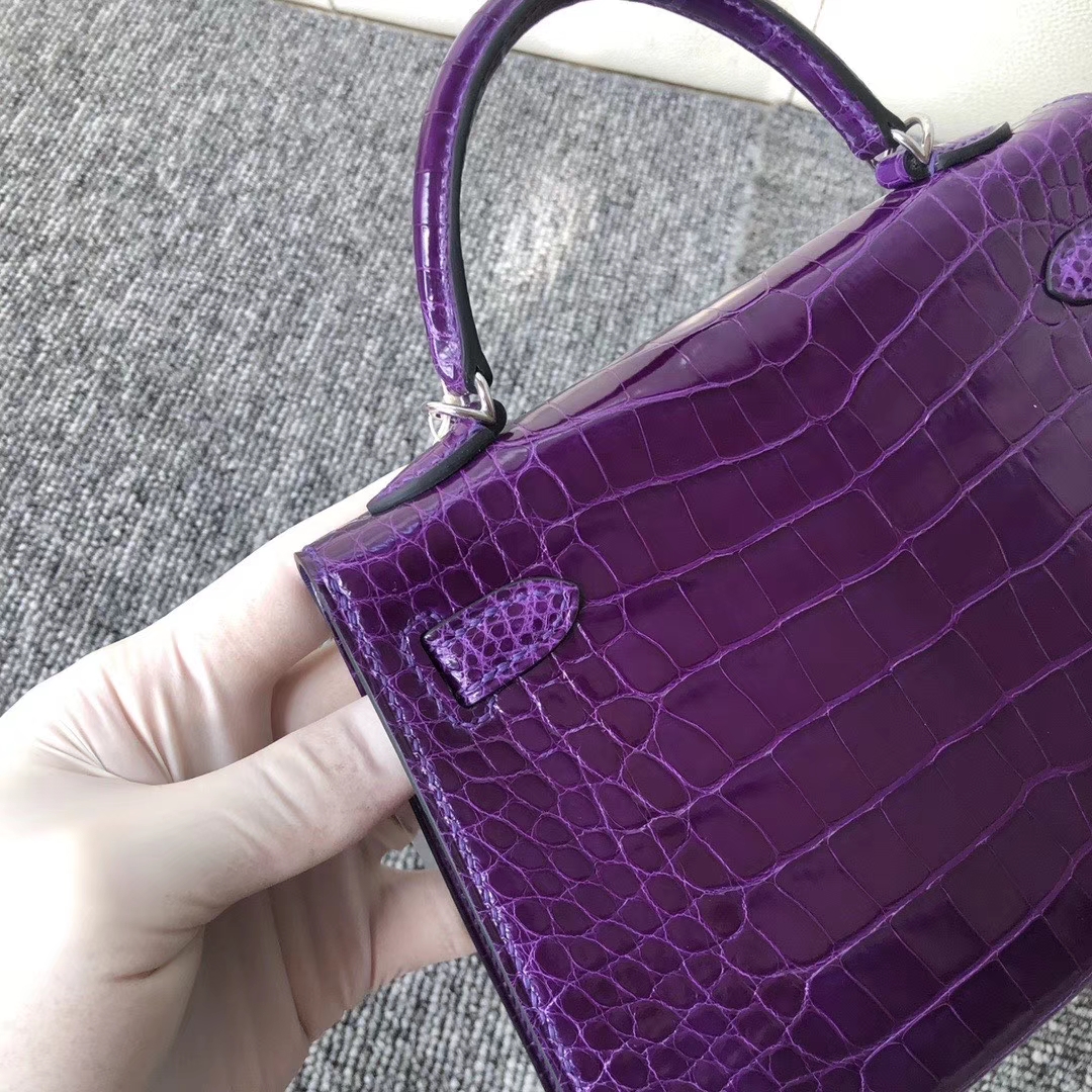 Hermès（爱马仕）Mini kelly ll Alligator shiny 亮面鳄鱼 5L 极度紫 银扣 顶级手缝