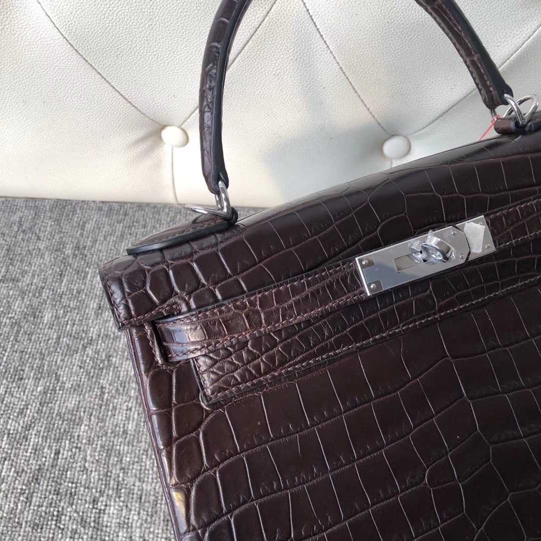 Hermès（爱马仕）Kelly 28cm Crocodile matt 雾面鳄鱼 巧克力色 咖啡色 银扣 顶级手缝