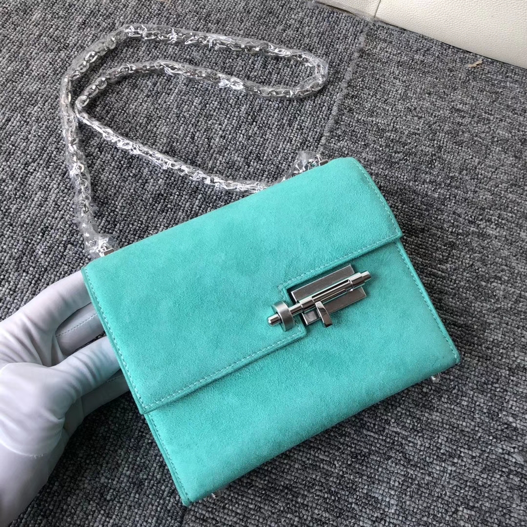 Hermès（爱马仕）Verrou17cm 麂皮 7v 湖水绿 银扣 定制