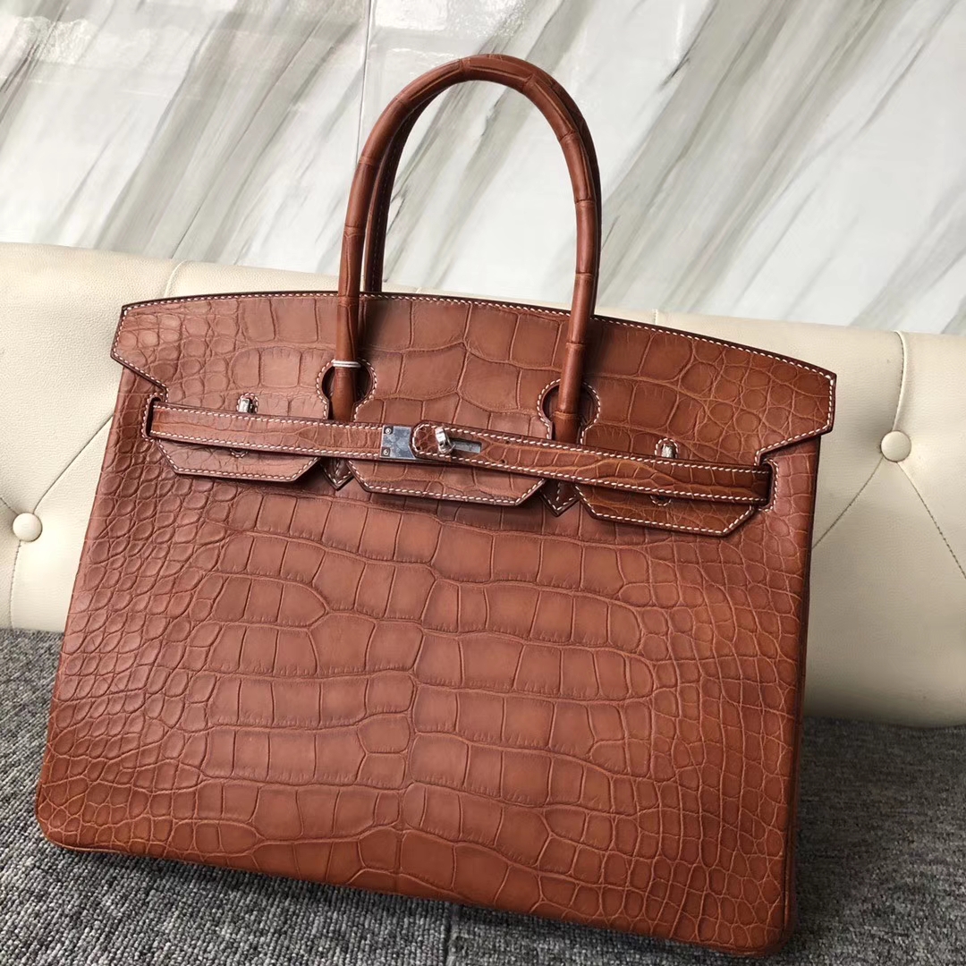Hermès（爱马仕）Birkin 35cm Alligator matt 雾面鳄鱼 棕色 白色线 银扣 顶级手缝 定制