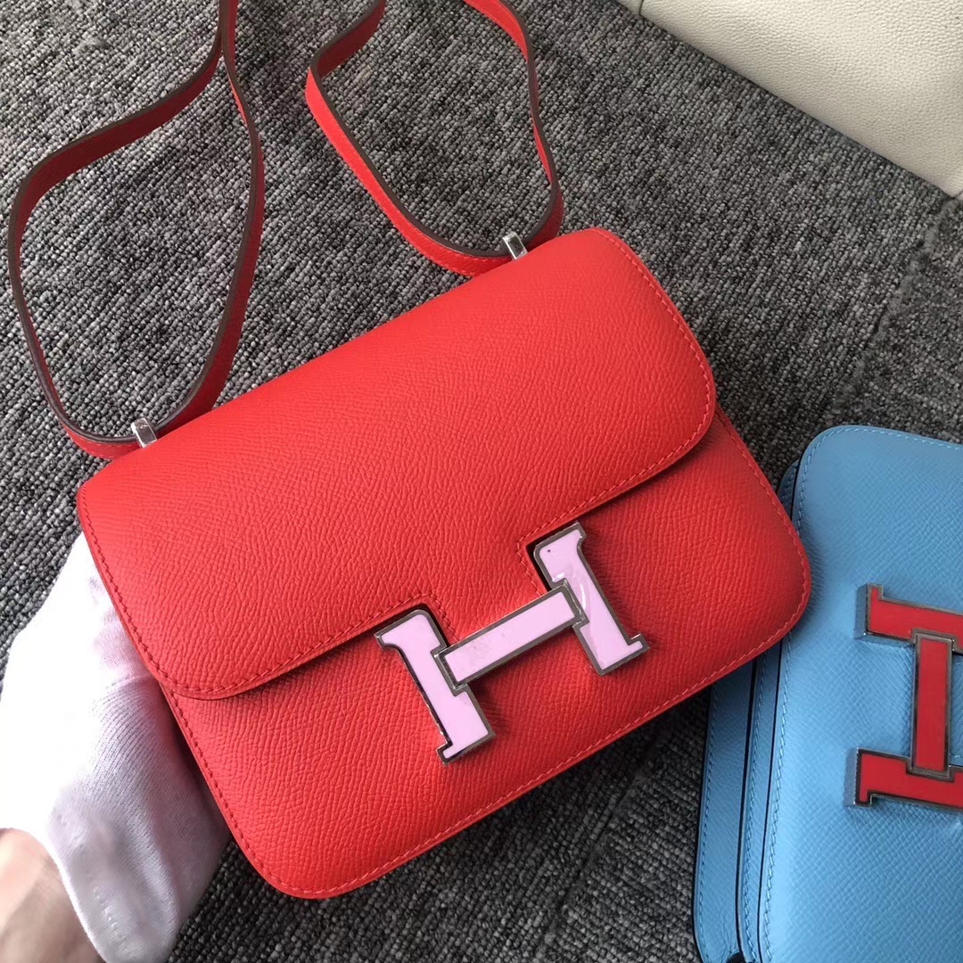 Hermès（爱马仕）constance 18cm Epsom 原厂掌纹皮 心红色拼x9 锦葵紫珐琅扣